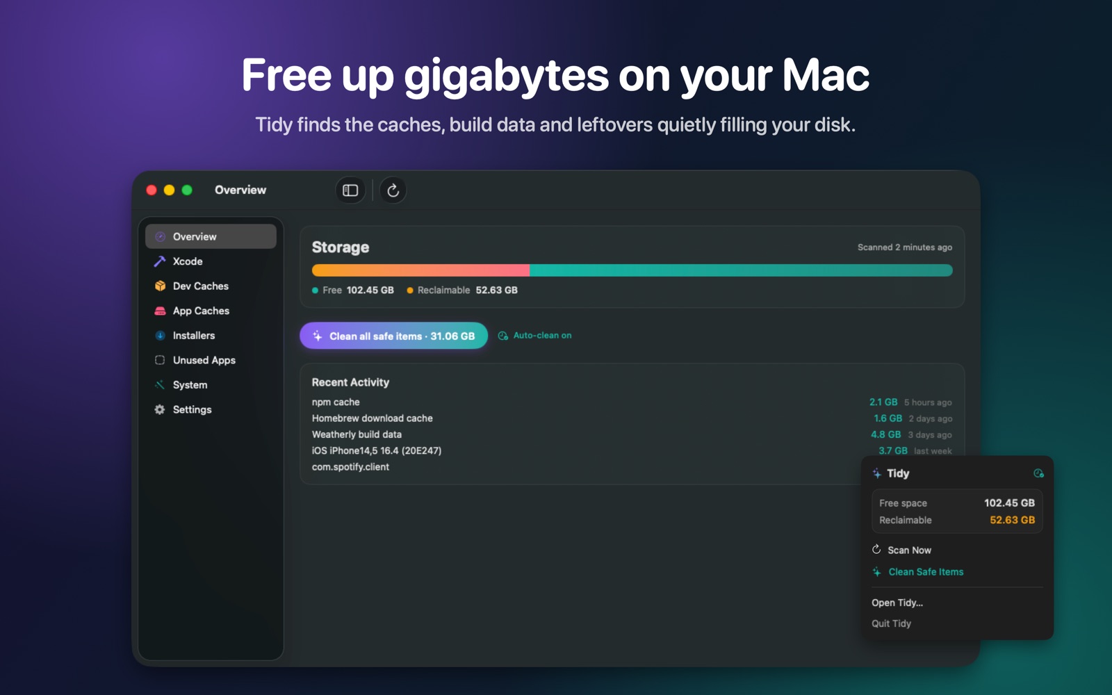 Tidy overview showing 52 GB reclaimable and a Clean all safe items button