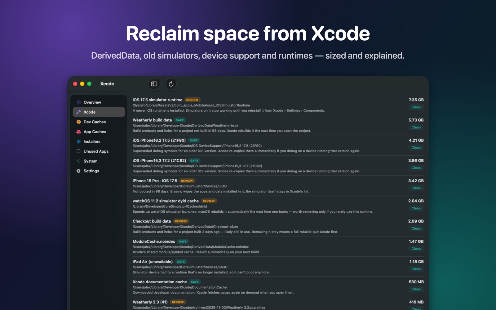 Xcode section listing simulator runtimes, DerivedData and device support with sizes
