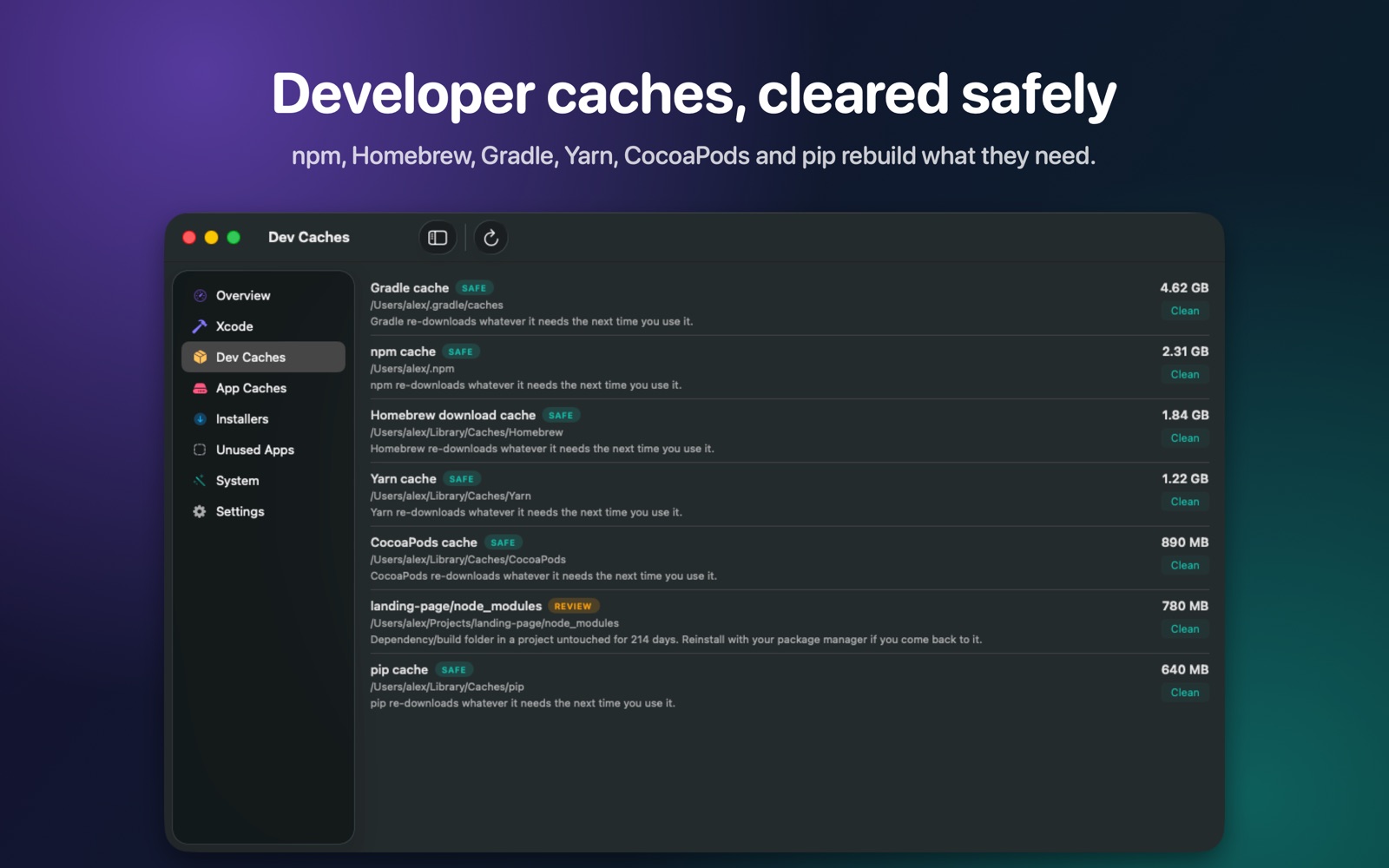 Developer caches: Gradle, npm, Homebrew, Yarn, CocoaPods and pip