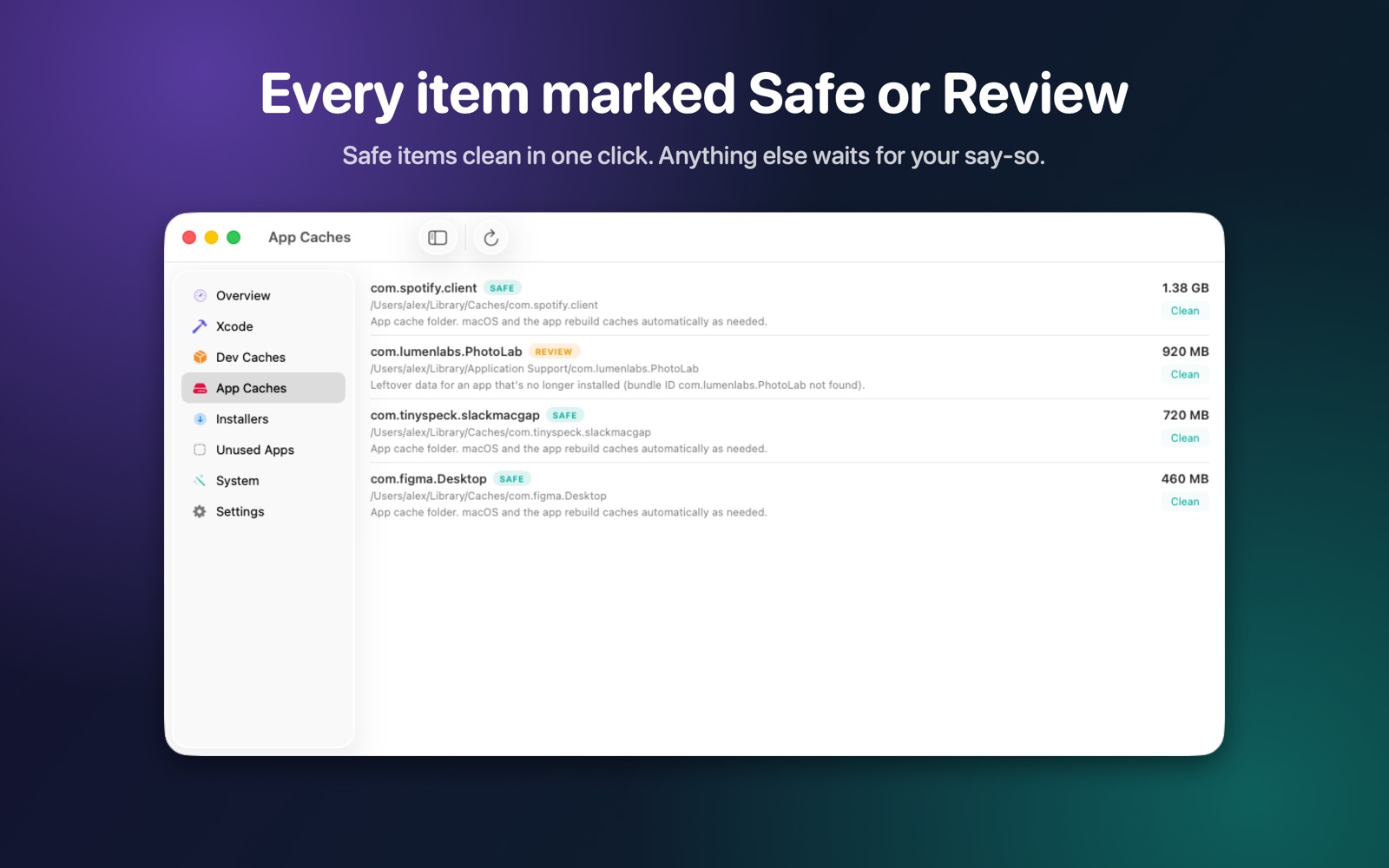 App caches marked Safe or Review