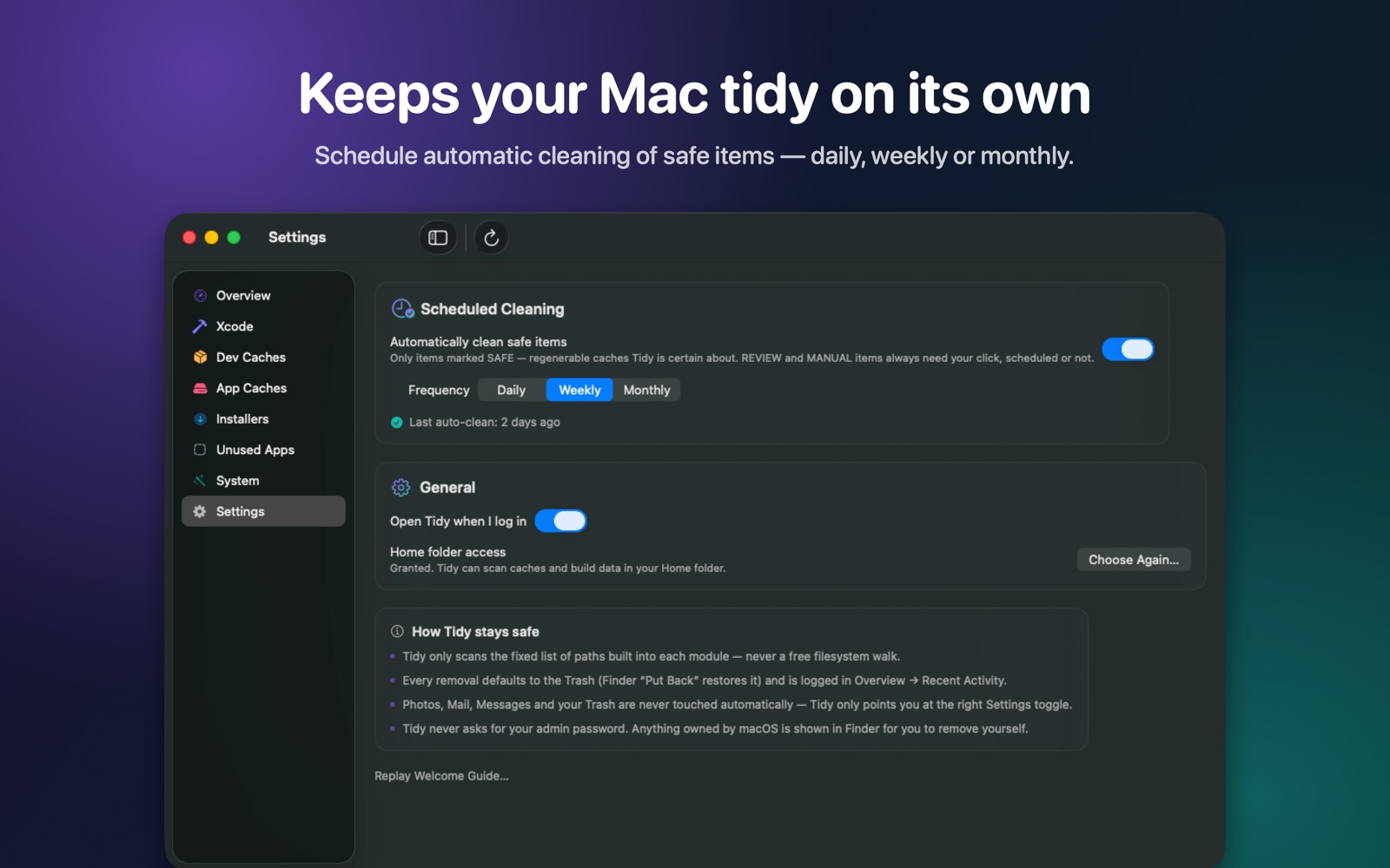 Settings for scheduled automatic cleaning